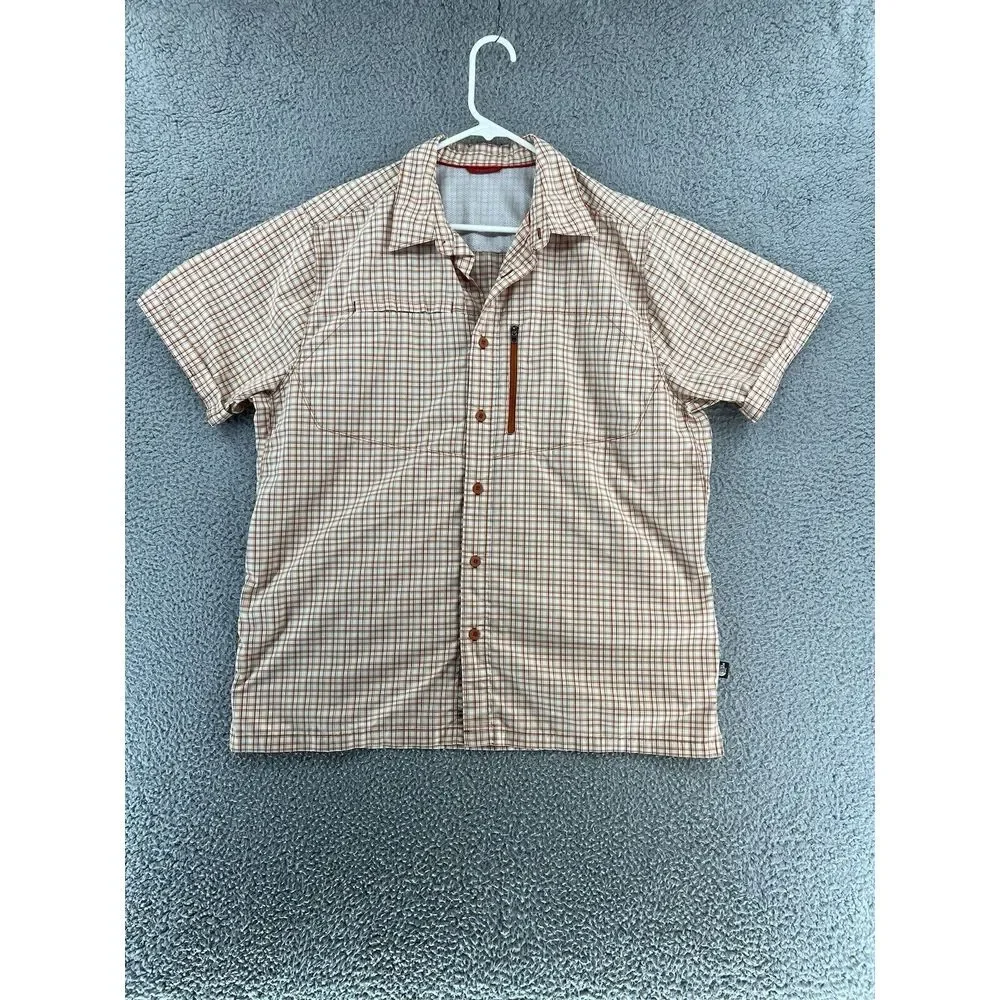 The North Face Mens Large Collared Short Sleeve Plaid Button Up Orange Vent READ